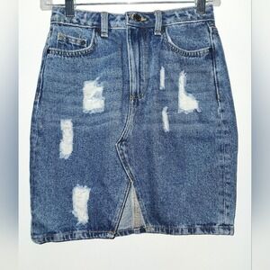 Distressed Denim Skirt Mini Jean Skirt Blue Ripped Slit Front Casual Trendy‎